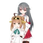  2girls antenna_hair ascot bare_shoulders black_hair blonde_hair breasts brown_eyes detached_sleeves double_bun dress_shirt grin hair_bun hair_ornament hairband hairclip haruna_(kantai_collection) headgear headgear_removed japanese_clothes kantai_collection long_hair michishio_(kantai_collection) multiple_girls nontraditional_miko open_mouth shirt short_hair short_twintails skirt smile solo suspenders tsundere tun twintails yellow_eyes 