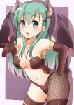 1girl absurdres aqua_eyes aqua_hair bare_shoulders bat_wings blush breasts costume demon_girl demon_wings elbow_gloves fake_horns gloves green_eyes green_hair hair_between_eyes hair_ornament hairclip halloween hand_on_hip happy_halloween heart highres horns kantai_collection kapatarou large_breasts long_hair looking_at_viewer navel open_mouth pantyhose solo succubus suzuya_(kantai_collection) wings 
