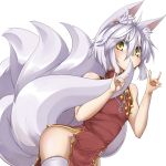  1girl amino_dopple animal_ears bare_shoulders blush china_dress chinese_clothes fox_ears fox_tail looking_at_viewer multiple_tails no_panties original short_hair side_slit silver_hair simple_background solo tail thigh-highs transparent_background white_legwear yellow_eyes 
