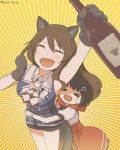  &gt;_&lt; 2girls adapted_costume animal_ears ashigara_(kantai_collection) black_hair blush brown_hair closed_eyes fake_animal_ears fang gloves grabbing grabbing_from_behind haguro_(kantai_collection) hair_ornament kantai_collection long_hair multiple_girls open_mouth short_hair tail tears wavy_mouth wine_bottle wolf_ears wolf_tail 