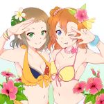  2girls :p bikini blue_eyes breasts brown_hair cleavage egooo flower green_eyes hair_flower hair_ornament hairband kira_tsubasa kousaka_honoka love_live!_school_idol_project multiple_girls navel one_eye_closed orange_hair salute short_hair side_ponytail smile swimsuit tongue tongue_out v 