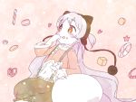  1girl :p animal_ears beanie bubble_skirt capelet doughnut fake_animal_ears food food_in_mouth fur_trim hat long_hair magical_girl mahou_shoujo_madoka_magica mahou_shoujo_madoka_magica_movie momoe_nagisa muhogame pom_pom_(clothes) skirt smile suspenders tongue tongue_out two_side_up white_hair yellow_eyes 