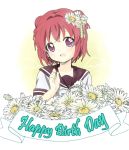  1girl akakokko akaza_akari flower hair_flower hair_ornament happy_birthday red_eyes school_uniform solo violet_eyes yuru_yuri 