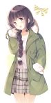  1girl :d alternate_costume braid brown_hair coat commentary_request hair_over_shoulder hand_in_pocket kantai_collection kitakami_(kantai_collection) komi_zumiko long_hair long_sleeves open_mouth single_braid smile solo 
