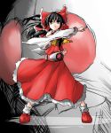  1boy 1girl black_hair bow crossover dress female hakurei_reimu henshin henshin_pose highres japanese_clothes kamen_rider kamen_rider_1 kazami_shirou_(kaizou-zumi) male miko parody red_bow red_dress red_shoes rider_belt shoes solo touhou 