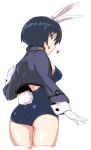  1girl animal_ears black_hair blush brown_eyes bunny_tail bunnysuit cropped_legs em gloves heart looking_at_viewer looking_back open_mouth rabbit_ears shimohara_sadako short_hair simple_background solo strike_witches tail white_background 