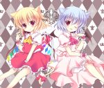  2girls ;d animal_ears ascot blonde_hair blue_hair brooch cat_ears cat_tail closed_mouth dress flandre_scarlet jewelry kashiwadokoro kemonomimi_mode multiple_girls one_eye_closed open_mouth pink_dress puffy_short_sleeves puffy_sleeves red_dress red_ribbon remilia_scarlet ribbon short_hair short_sleeves smile tail tail_ribbon touhou wrist_cuffs 