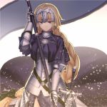  1girl armor armored_dress blonde_hair blue_eyes braid breasts capelet chain fate/apocrypha fate_(series) faulds flag gauntlets headpiece kotera_ryou long_hair ruler_(fate/apocrypha) sheath sheathed single_braid solo staff sword very_long_hair weapon 