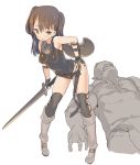  1girl blade_(galaxist) boots breasts brown_eyes brown_hair covered_nipples knee_boots leaning_forward leotard long_hair shield standing sword thigh-highs weapon 