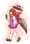  1girl bow brown_hair cape cellphone dissolving_clothes dress glasses hat hat_bow long_sleeves low_twintails mumumu phone purple_dress shirt solo touhou twintails usami_sumireko walking 