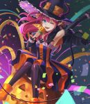  1girl blue_eyes claws detached_sleeves dress fate/extra fate/extra_ccc fate/grand_order fate_(series) highres horns kkkok__a lancer_(fate/extra_ccc) long_hair microphone one_eye_closed pink_hair pointy_ears pumpkin solo tail thigh-highs two_side_up 