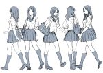  1girl back bag character_sheet kneehighs loafers long_hair monochrome original parted_lips pleated_skirt ribbon school_bag school_uniform shoes simple_background skirt solo triangle_mouth twinpoo white_background 