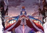  1girl adapted_costume blue_hair cape clouds crown eisuto glowing glowing_sword glowing_weapon highres hinanawi_tenshi knight long_hair looking_at_viewer pink_eyes shirt skirt sky sunset sword_of_hisou touhou very_long_hair weapon wind 