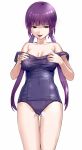  1girl :p blue_eyes breasts cleavage kfr long_hair original purple_hair school_swimsuit solo swimsuit swimsuit_pull tongue tongue_out 
