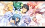  1boy 6+girls ahoge animal_ears artist_request black_hair blonde_hair blue_hair blue_skirt centorea_shianus closed_eyes dress drill_hair everyone extra_eyes gloves goo_girl harem harpy head_fins horse_ears jewelry kurusu_kimihito lala_(monster_musume) lavender_hair long_hair meroune_lorelei miia_(monster_musume) monster_girl monster_musume_no_iru_nichijou multiple_girls necklace papi_(monster_musume) pearl_necklace pink_hair pointy_ears rachnera_arachnera redhead short_hair silver_hair skirt smile source_request suu_(monster_musume) tiara white_dress white_gloves wings 