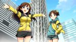  2girls :&gt; :d blue_eyes bow breasts brown_hair building city cityscape game_cg go!_go!_nippon!_2015 go!_go!_nippon!_~my_first_trip_to_japan~ hair_ribbon hand_on_hip highres hoodie large_breasts long_hair miniskirt misaki_akira misaki_makoto_(go!_go!_nippon!) multiple_girls official_art open_mouth outstretched_arms ponytail red_eyes ribbon short_hair short_shorts shorts skirt smile tokyo_sky_tree tower zipper 