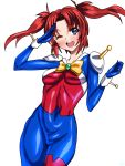  1girl allenby_beardsley allenby_beardsley_(cosplay) blue_eyes bodysuit cosplay g_gundam gundam gundam_seed gundam_seed_destiny long_hair meyrin_hawke one_eye_closed redhead salute sen_(sansui) twintails 