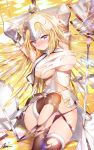  1girl aile_(crossroads) armor arms_up black_legwear blonde_hair breasts crown fate/apocrypha fate/grand_order fate_(series) gauntlets headpiece highres large_breasts long_hair looking_at_viewer lying on_back planted_sword planted_weapon restrained revision ruler_(fate/apocrypha) shield shirt skindentation solo sword thigh-highs thighs torn_clothes torn_shirt torn_thighhighs under_boob violet_eyes weapon 