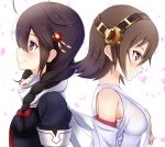  2girls ahoge bare_shoulders black_serafuku blue_eyes braid brown_hair closed_mouth commentary_request detached_sleeves hair_flaps hair_ornament hair_over_shoulder hair_ribbon headgear hiei_(kantai_collection) highres kantai_collection long_hair multiple_girls nontraditional_miko red_ribbon remodel_(kantai_collection) ribbon scarf school_uniform serafuku shigure_(kantai_collection) short_hair short_sleeves single_braid tress_ribbon white_scarf 