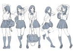  1girl adjusting_hair arms_up bag character_sheet kneehighs leaning loafers long_hair monochrome original pleated_skirt ribbon school_bag school_uniform shoes simple_background skirt solo twinpoo white_background 