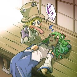  2girls blonde_hair blush_stickers chamaji detached_sleeves dragonfly frog_hair_ornament green_hair hair_ornament hat highres insect_on_nose kochiya_sanae long_sleeves long_tongue lying moriya_suwako multiple_girls on_back shirt skirt sleeping snake_hair_ornament squatting tongue tongue_out touhou veranda violet_eyes wide_sleeves 