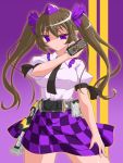  1girl bad_id belt black_wings bow brown_hair cellphone checkered checkered_skirt crossover female hair_bow hat henshin henshin_pose highres himekaidou_hatate kamen_rider kamen_rider_555 kamen_rider_kaixa necktie parody phone rider_belt skirt solo touhou tsukushi_(741789) twintails violet_eyes weapon wings 