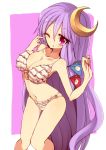  1girl bikini bow crescent_hair_ornament frilled_bikini frills hair_bow hair_ornament kuresento long_hair looking_at_viewer midriff navel one_eye_closed open_mouth panties patchouli_knowledge pink_eyes purple_hair solo swimsuit touhou underwear very_long_hair 