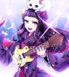  1girl animal_on_head bangs bell blue_eyes cat flower guitar hair_flower hair_ornament hair_ribbon highres instrument japanese_clothes jingle_bell kimono kisaragiyuu makeup mari_mari open_mouth playing_instrument purple_hair ribbon show_by_rock!! smile sparkle striped 