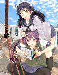  2girls ahoge akebono_(kantai_collection) akigumo_(kantai_collection) black_hair blush breast_rest breasts breasts_on_head fishing_rod hair_ornament kanna_(horntp) kantai_collection long_hair magazine multiple_girls open_mouth purple_hair school_uniform serafuku side_ponytail ushio_(kantai_collection) vest violet_eyes 