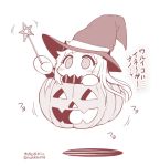  1girl commentary_request covered_mouth halloween hat jack-o&#039;-lantern kantai_collection long_hair mittens monochrome northern_ocean_hime shinkaisei-kan solo translation_request twitter_username witch_hat yamato_nadeshiko 
