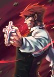  1boy brass_knuckles cross fang foreshortening from_side glasses green_eyes kabane_(follabi) kekkai_sensen klaus_von_reinhertz male_focus necktie redhead sideburns solo upper_body vest weapon 