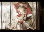  1girl ascot bat_wings bow dress hat hat_bow letterboxed looking_at_viewer makai_no_juumin red_eyes remilia_scarlet sash short_hair silver_hair solo touhou umbrella wings 