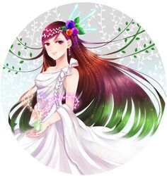  1girl bow braid brown_hair dress earrings green_hair highres jewelry kisaragiyuu long_hair multicolored_hair original purple_hair red_eyes smile solo sparkle very_long_hair white_dress 