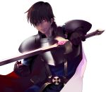  1boy armor brown_gloves brown_hair cape eichi gloves one_eye_covered prince_(sennen_sensou_aigis) red_eyes sennen_sensou_aigis solo sword weapon white_background 