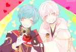  2boys ^_^ aqua_hair black_gloves closed_eyes gloves grin hand_on_another&#039;s_shoulder heart heart_hands heart_hands_duo hood ichigo_hitofuri japanese_clothes male_focus multiple_boys necktie partly_fingerless_gloves sayu030b smile touken_ranbu tsurumaru_kuninaga upper_body white_gloves white_hair 