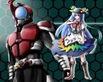  1boy 1girl blue_hair boots brown_boots crossover female hat henshin henshin_pose highres hinanawi_tenshi kabuto_zecter kamen_rider kamen_rider_kabuto kamen_rider_kabuto_(series) kazami_shirou_(kaizou-zumi) male parody red_eyes rider_belt solo touhou 