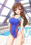  1girl ass_visible_through_thighs breasts brown_eyes brown_hair competition_swimsuit idolmaster inoue_tomii long_hair nitta_minami one-piece_swimsuit open_mouth pool rei_no_pool smile solo swimsuit 