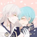  2boys aqua_hair black_gloves closed_eyes gloves grin hood ichigo_hitofuri male_focus multiple_boys partly_fingerless_gloves petals sayu030b smile touken_ranbu tsurumaru_kuninaga white_gloves white_hair yaoi 