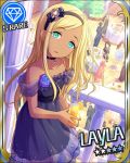  beverage blonde_hair blue_eyes blush character_name dark_skin dress idolmaster idolmaster_cinderella_girls layla_(idolmaster) long_hair stars 