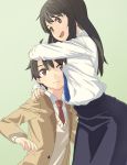  1boy 1girl aldnoah.zero black_hair brother_and_sister brown_eyes brown_hair highres kaizuka_inaho kaizuka_yuki kinosaki_(cotton_broom) long_hair necktie school_uniform short_hair siblings skirt smile 