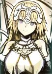  1girl bare_shoulders blonde_hair blush breasts chain elbow_gloves fate/apocrypha fate/grand_order fate_(series) gloves hair_down headpiece highres large_breasts lips long_hair looking_at_viewer ruler_(fate/apocrypha) smile solo upper_body violet_eyes xiaodi 