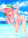  1girl bending_forward breasts cleavage hacka_doll hacka_doll_2 hand_on_own_knee hat highres kirise_(pixiv) large_breasts long_hair looking_at_viewer navel partially_submerged pink_eyes pink_hair smile solo sun_hat swimsuit 
