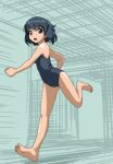  1girl barefoot black_hair blue_eyes original rohitsuka running school_swimsuit short_hair swimsuit 
