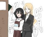  2girls age_difference aporon1313 apron black_hair blonde_hair book bookshelf business_suit height_difference multiple_girls original tagme 