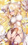  1girl aile_(crossroads) armor arms_up black_legwear blonde_hair breasts crown fate/apocrypha fate/grand_order fate_(series) gauntlets highres large_breasts long_hair looking_at_viewer pink_eyes ruler_(fate/apocrypha) shield solo sword thigh-highs thighs torn_clothes weapon 