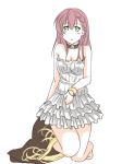  1girl atelier_(series) atelier_escha_&amp;_logy bare_legs barefoot bracelet braid choker escha_malier green_eyes jewelry karasiro long_hair pink_hair solo undressing white_background 