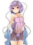  1girl blush eyeball hairband hasebe_yuusaku heart komeiji_satori long_sleeves looking_at_viewer midriff navel nightgown off_shoulder open_clothes open_shirt panties purple_hair see-through shirt short_hair simple_background solo string third_eye touhou underwear violet_eyes white_background wide_sleeves 