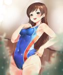  1girl breasts brown_eyes brown_hair competition_swimsuit idolmaster idolmaster_cinderella_girls long_hair nitta_minami one-piece_swimsuit shovelwall smile solo swimsuit 