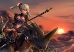  1girl armor black_legwear breasts character_request cleavage creature erenia gauntlets greaves hair_ornament hakumare highres midriff mount navel polearm red_eyes reins sennen_sensou_aigis shoulder_armor solo spear sunset thigh-highs weapon white_hair 