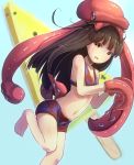  1girl animal_on_head bangs barefoot bikini black_hair blue_background blunt_bangs blush breasts cleavage gloves hatsuyuki_(kantai_collection) kantai_collection long_hair looking_at_viewer minarai_shachou navel octopus one_leg_raised popsicle small_breasts sweatdrop swimsuit tentacles watermelon_bar yellow_eyes 